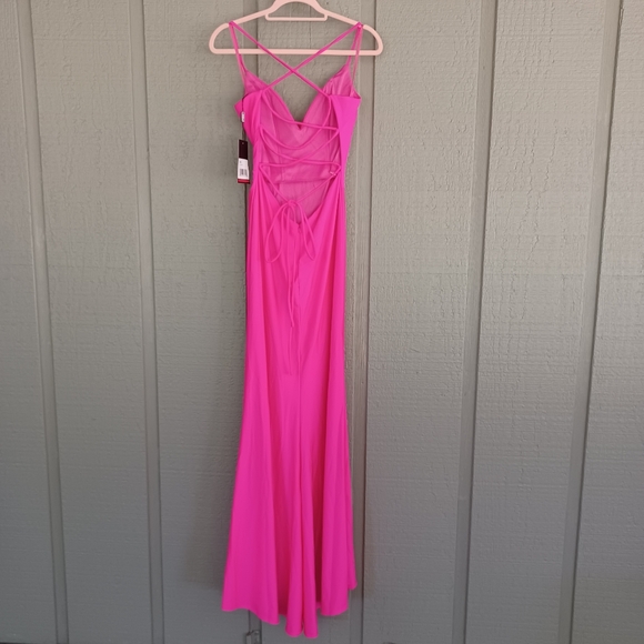 La Femme Strappy Back Jersey Gown SZ 4 Women Hot Pink Deep V Neck Wedding Guest - Picture 5 of 14